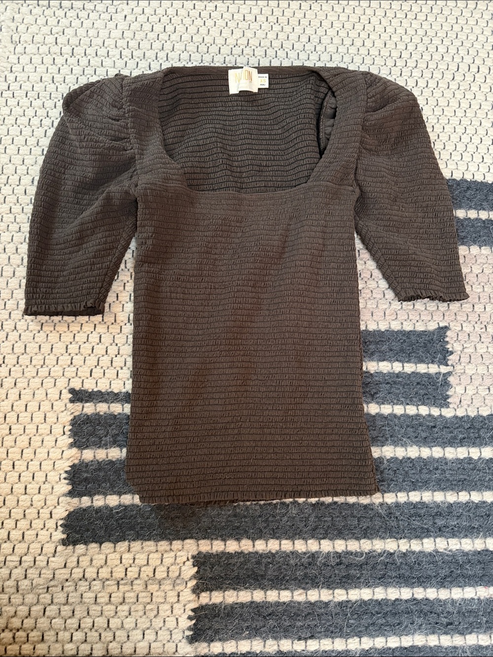 Nation LTD Black Smocked Square-Neck Puff Sleeve Top